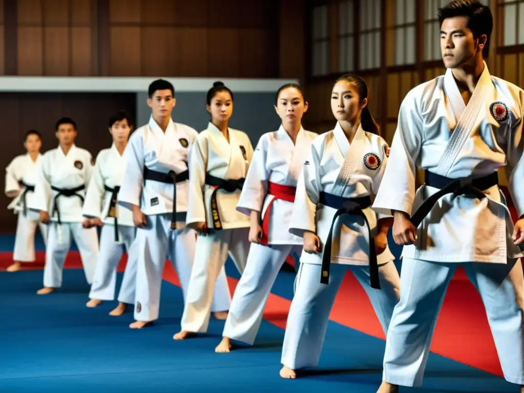 Grupo de karatecas en uniformes blancos, ejecutando movimientos precisos y poderosos en formación