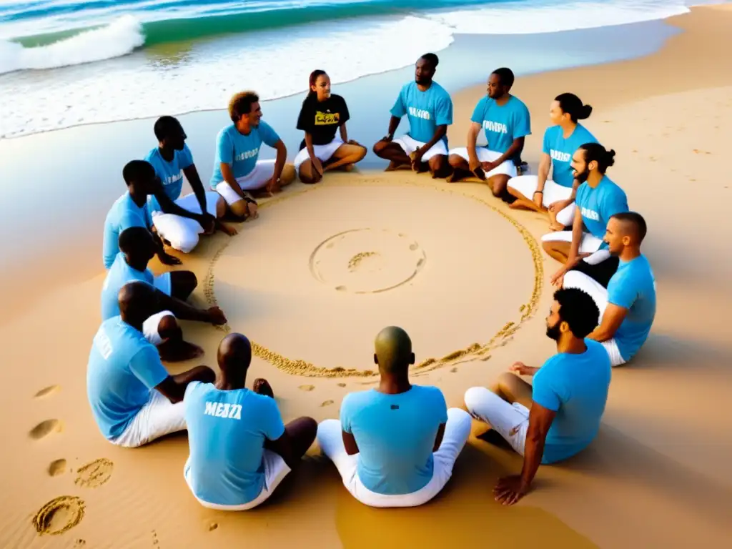 Un grupo variado practica capoeira en la playa al sol, expresando aprendizaje continuo y comunidad en talleres de capoeira