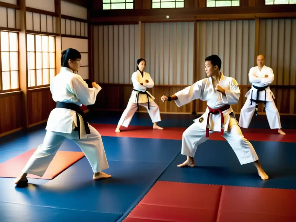 Un grupo variado de practicantes de artes marciales se entrena con determinación en un espacioso dojo, exudando camaradería y respeto