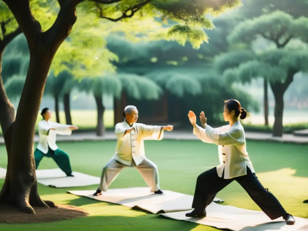 Un grupo practicando Tai Chi en un jardín verde y sereno en China, evocando tranquilidad