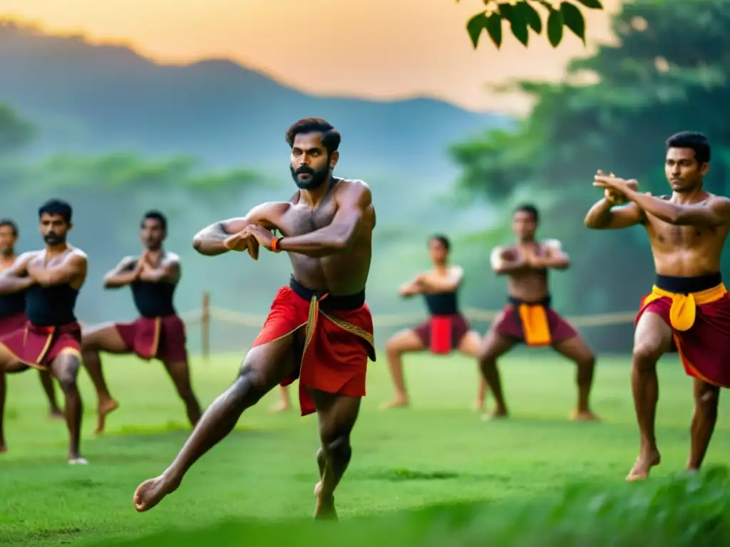 Grupo en vibrante sesión de Kalaripayattu, demostrando unidad comunitaria y disciplina, con instructor sabio