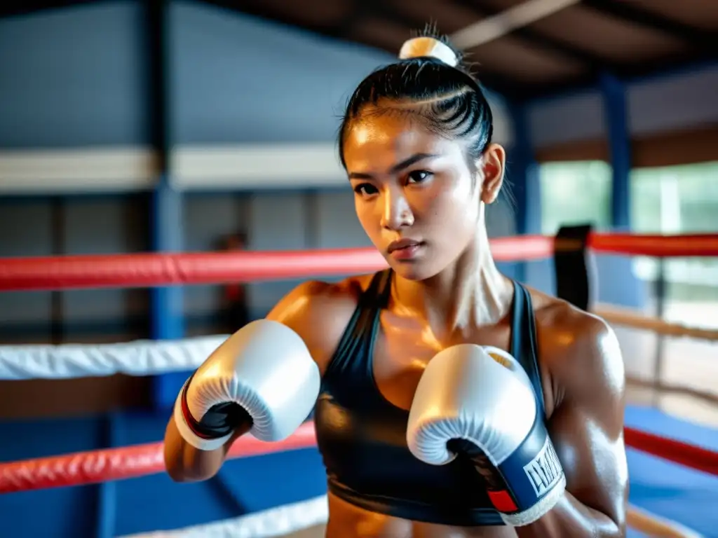 Una guerrera de Muay Thai exuda fuerza y determinación, con otras mujeres entrenando en el fondo