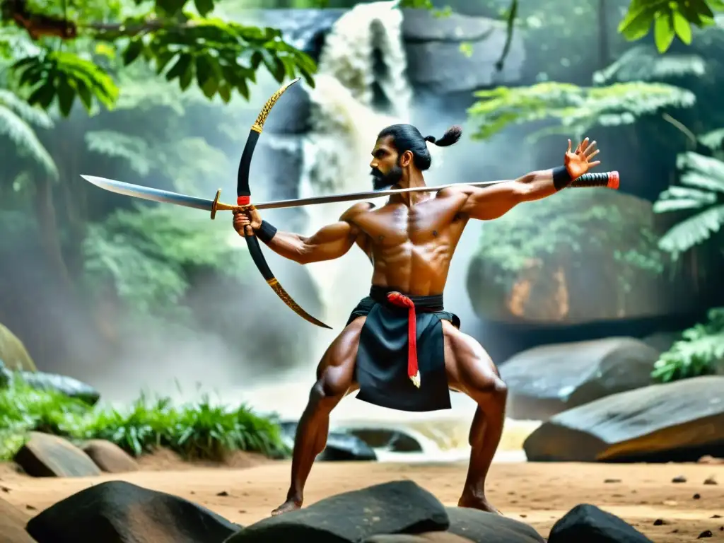 Un guerrero antiguo de Kalaripayattu, con atuendo tradicional, ejecuta una precisa y poderosa postura de combate con una espada brillante