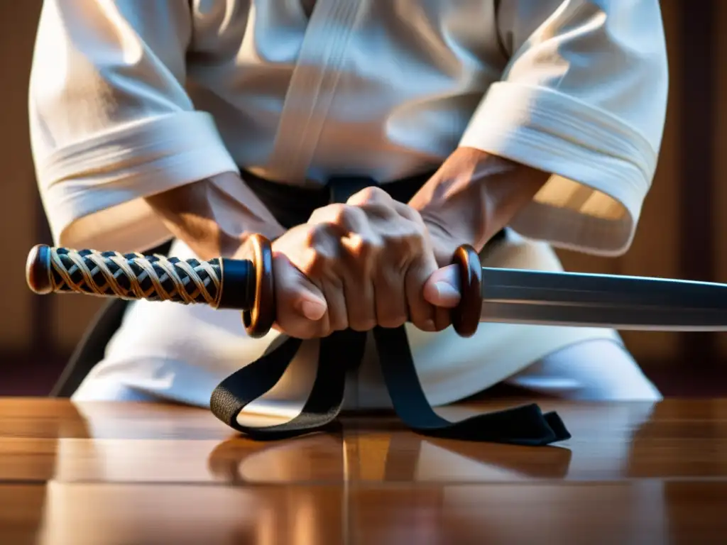 Un guerrero de las artes marciales sostiene con determinación un bokken en un dojo, transmitiendo intensa motivación guerrero artes marciales