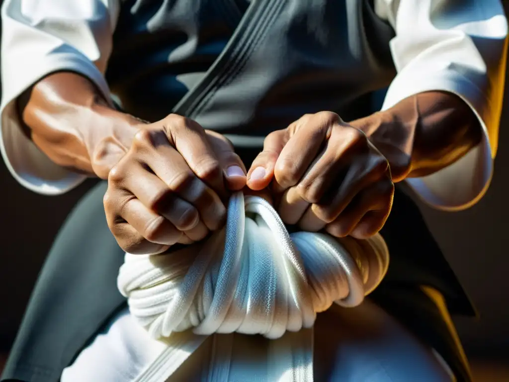 Un guerrero de artes marciales ata con determinación sus manos con tela blanca, destacando la ética del guerrero en artes marciales