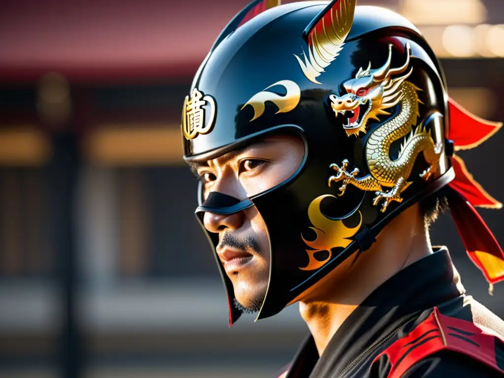 Un guerrero con un casco negro adornado con dragones rojos y dorados, muestra determinación