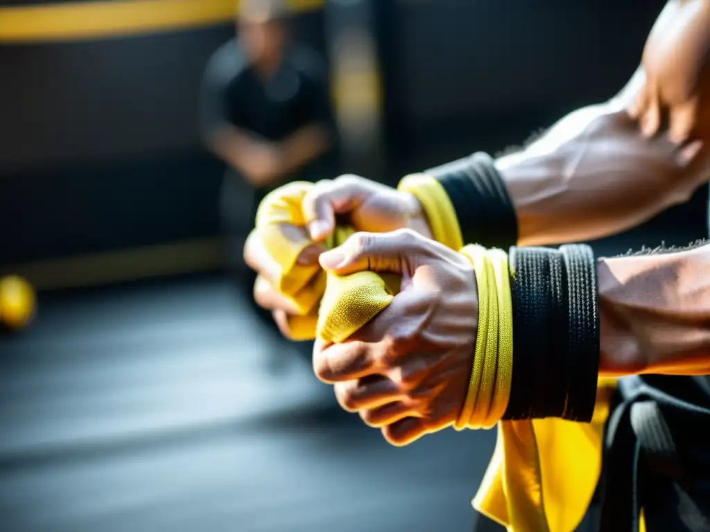 Un guerrero de Jeet Kune Do se prepara para el combate, con manos envueltas en vendas negras y amarillas