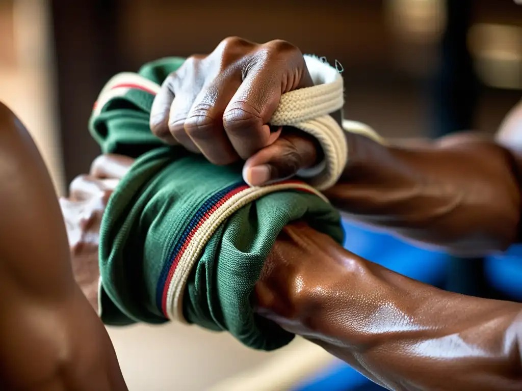 Un guerrero de Muay Thai envuelve cuidadosamente sus manos con tela tradicional, mostrando la preparación y la recuperación post combate Muay Thai