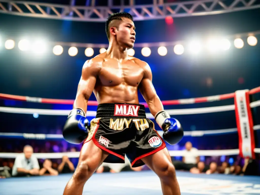 Un guerrero de Muay Thai en el ring, con intensa concentración y vibrantes shorts Muay Thai