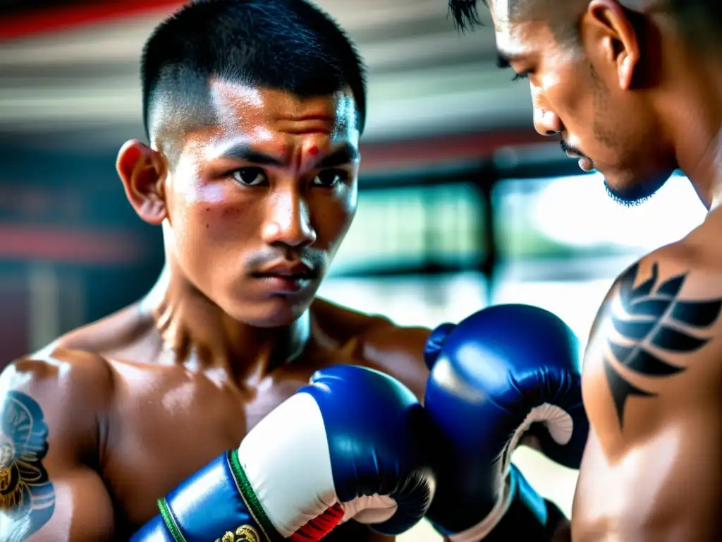 Un guerrero de Muay Thai realiza el ritual Wai Kru Ram Muay, mostrando principios filosofía Muay Thai guerrero en su expresión y tatuajes