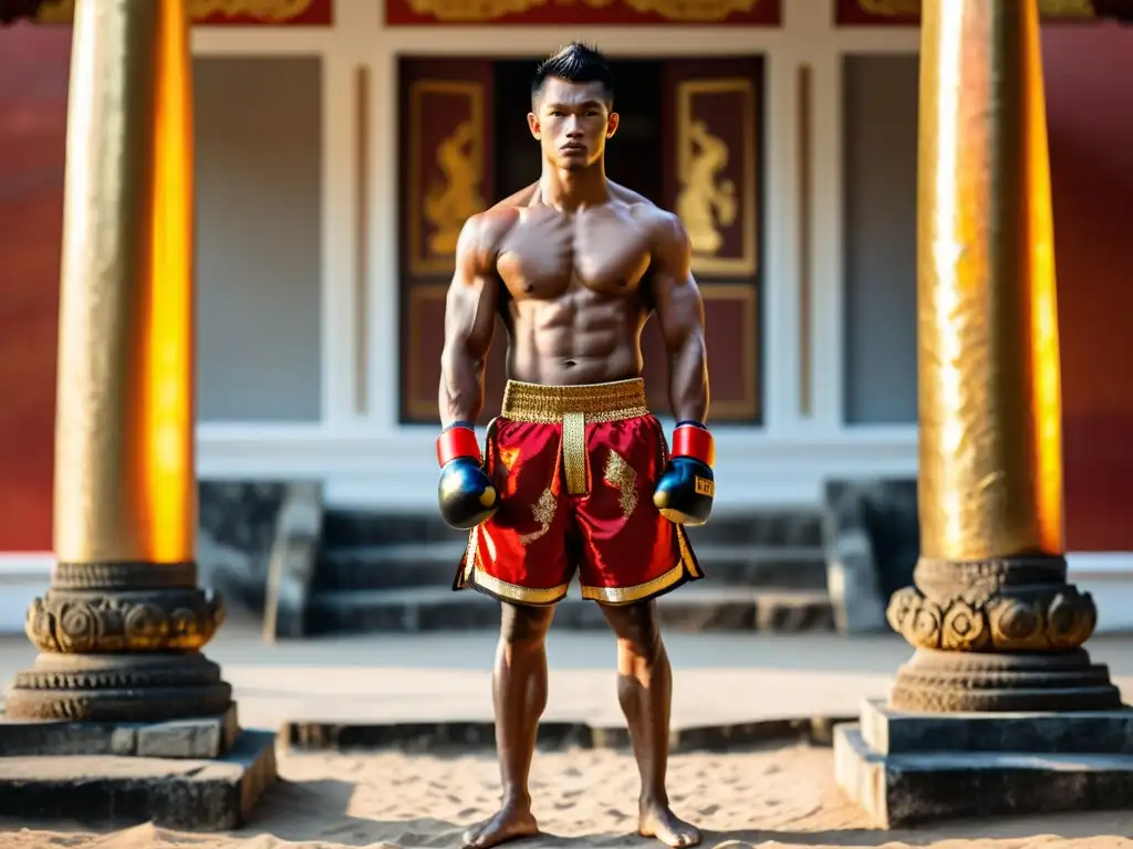 Un guerrero de Muay Thai en un templo tailandés al atardecer, reflejando el origen y técnicas del Muay Thai