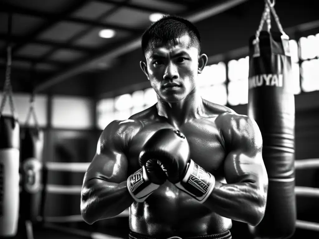 Guerrero de Muay Thai en entrenamiento, reflejando los principios de la filosofía y la determinación en un gimnasio tenue