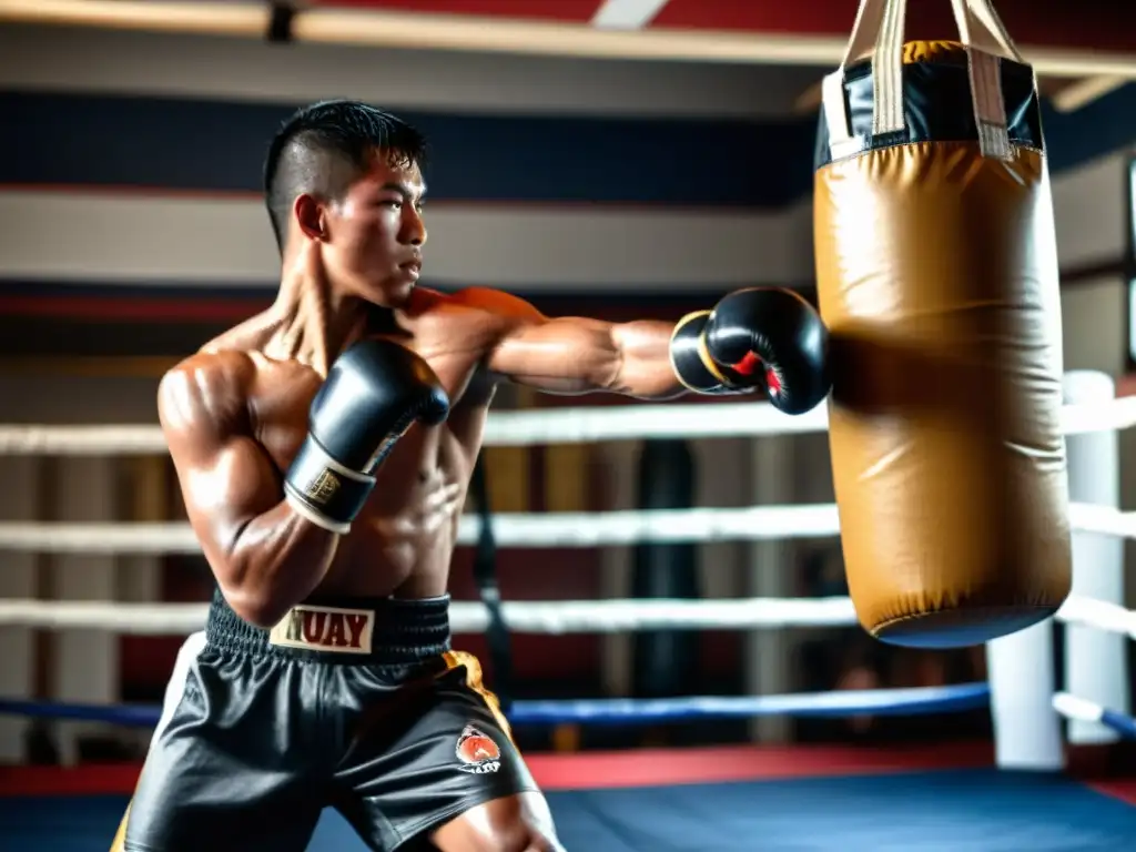 Un guerrero de Muay Thai se concentra en golpear el saco de boxeo, mostrando determinación y disciplina en un gimnasio tradicional