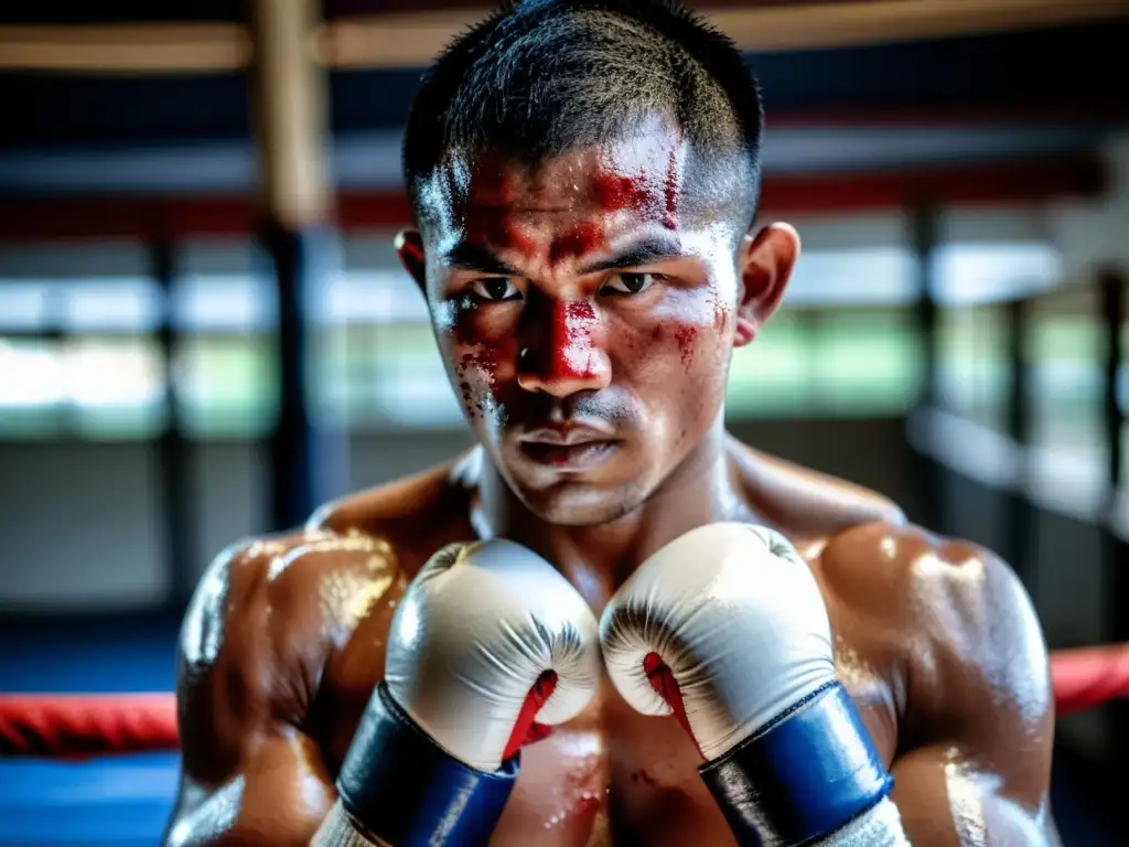 Un guerrero de Muay Thai con vendas ensangrentadas muestra su determinación