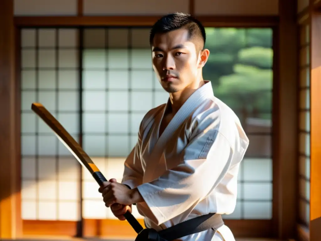 Un guerrero pacífico en un dojo japonés, con un gi blanco y un bokken de madera, irradia inspiración marcial en un ambiente de serena disciplina