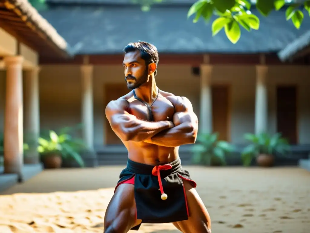 Un guerrero de Kalaripayattu en traje tradicional ejecuta una postura poderosa y elegante bajo el sol, mostrando concentración y destreza física