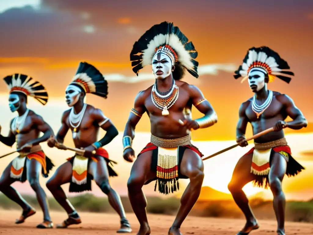 Guerreros africanos danzando al atardecer en la sabana, exhibiendo la fuerza y tradición de los orígenes de las danzas guerreras africanas