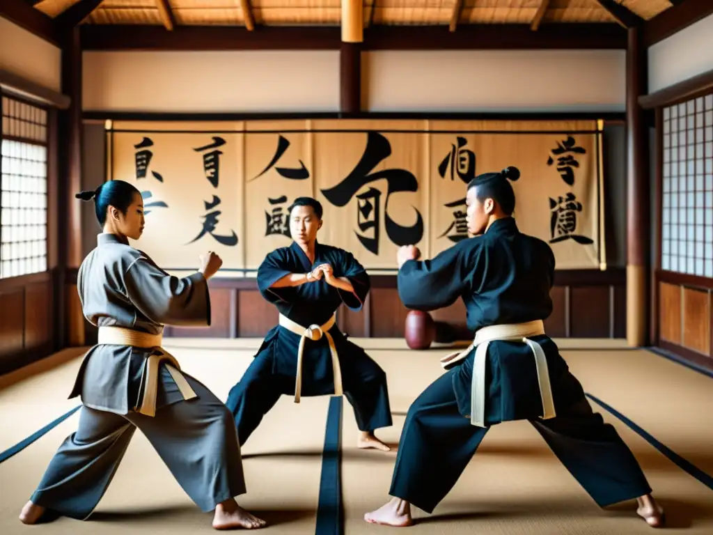 Guerreros practicando artes marciales en un dojo tradicional, mostrando la evolución de técnicas