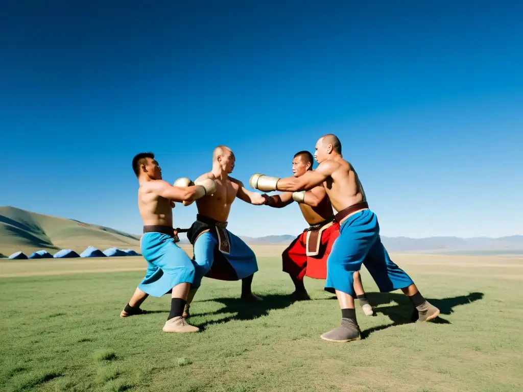 Guerreros mongoles practicando artes marciales rusas en un campo soleado, fusionando tradiciones con determinación y fuerza