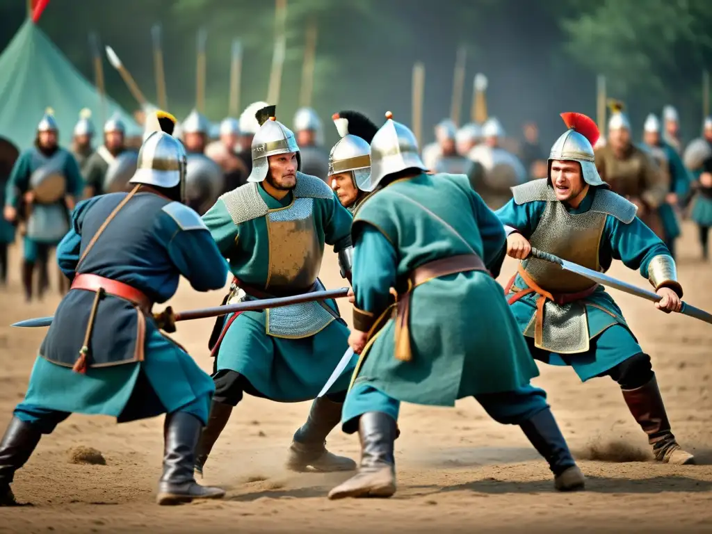 Guerreros rusos practicando el Sistema de combate en un entorno natural, destacando su destreza y tradición