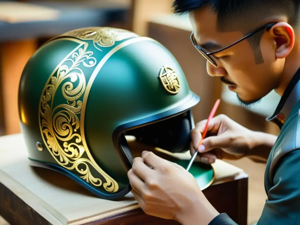 Un hábil artesano personaliza un casco de artes marciales con detalles intrincados en su taller lleno de materiales tradicionales