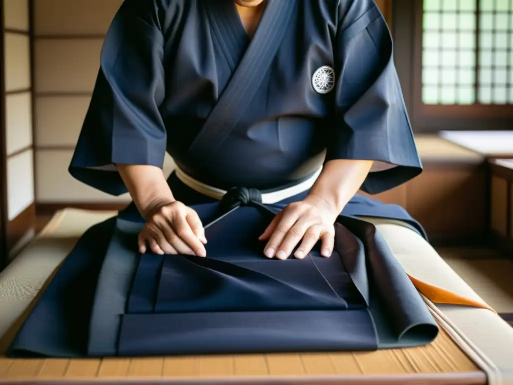 Un hábil artesano cuida con esmero un tradicional Hakama, mostrando destreza y reverencia por la prenda