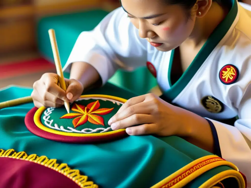 Un hábil artesano borda con meticulosidad un colorido parche en un uniforme de artes marciales