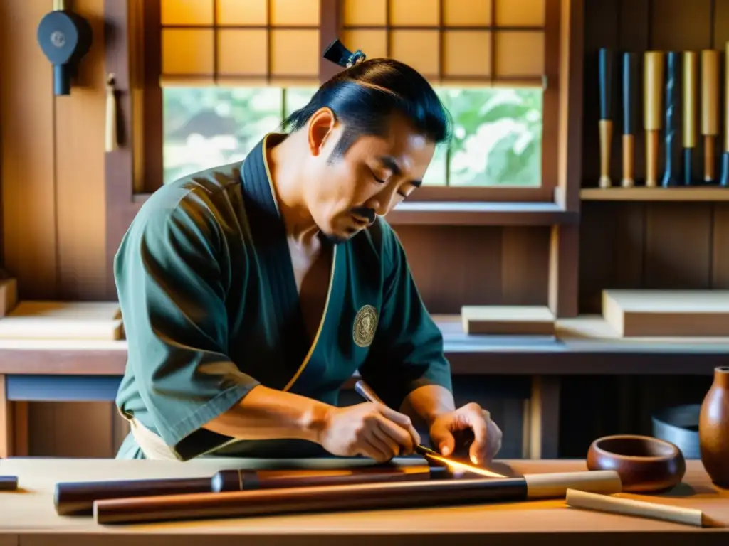 Un hábil artesano de nunchakus talla patrones en madera pulida, rodeado de herramientas y nunchakus sin terminar en un taller japonés