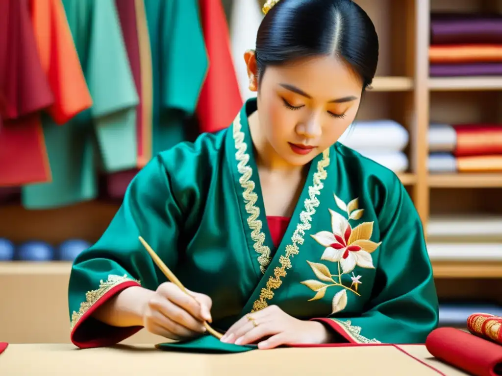 Un hábil artesano borda con precisión un uniforme de artes marciales con diseños intrincados, destacando el proceso de personalización