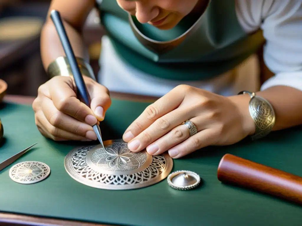 Un hábil artesano crea una pulsera de plata con grabados inspirados en artes marciales