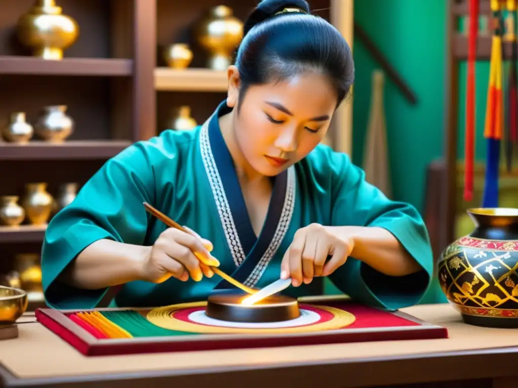 Un hábil artesano crea souvenirs populares de festivales de artes marciales con dedicación y destreza, rodeado de coloridos materiales y herramientas, resaltando la artesanía y la importancia cultural