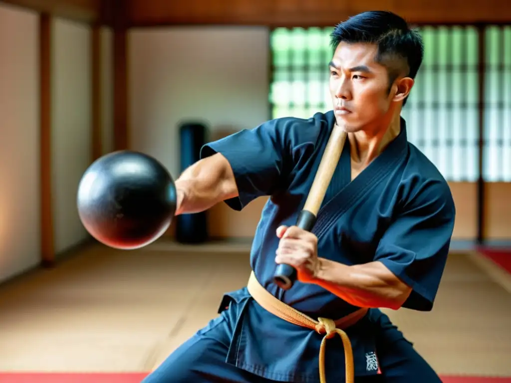 Un hábil artista marcial en un dojo tradicional, mostrando técnicas poderosas con una maza en mano