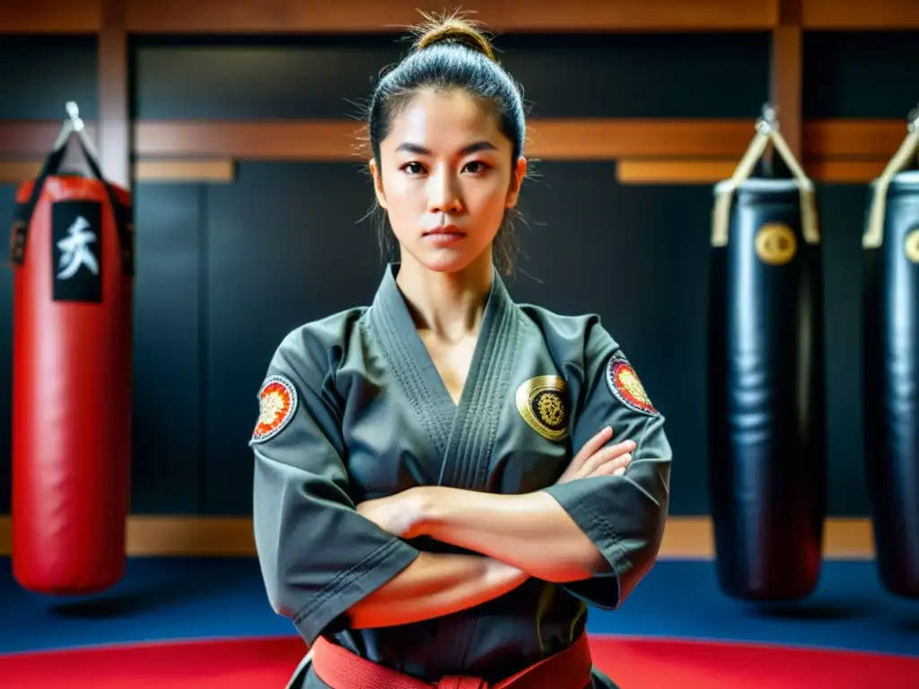 Una hábil artista marcial femenina cuidando su equipamiento oficial de artes marciales en un dojo, mostrando dedicación y profesionalismo