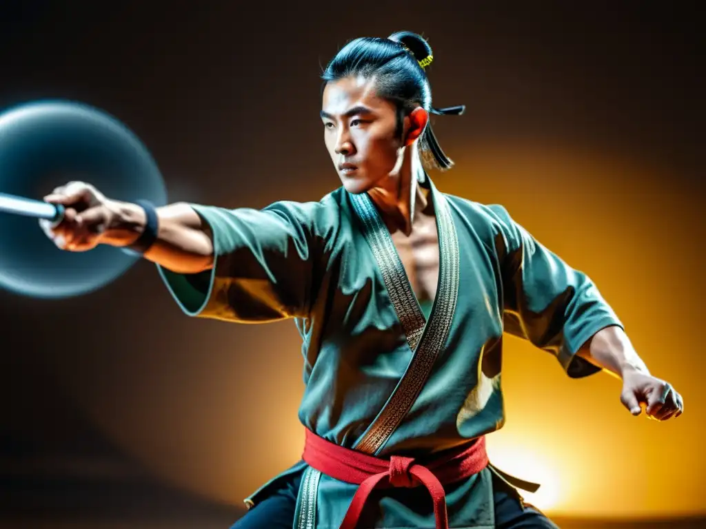 Un hábil artista marcial muestra las técnicas intrincadas de las armas tradicionales del Kung Fu, con precisión y concentración intensa