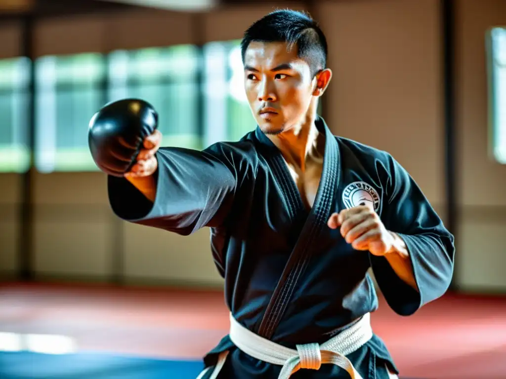 Un hábil artista marcial con tonfas para entrenamiento de artes marciales, demostrando técnica y determinación en un gimnasio de entrenamiento