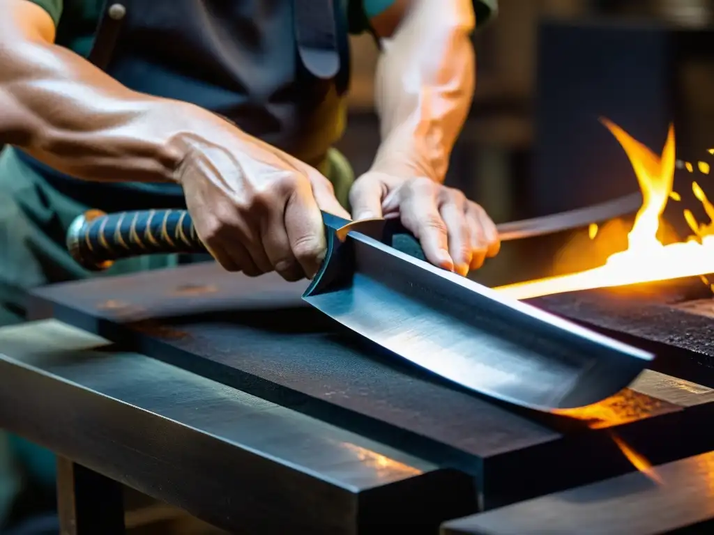 Un hábil maestro espadero forja con precisión una Katana tradicional japonesa, destacando los detalles de la artesanía