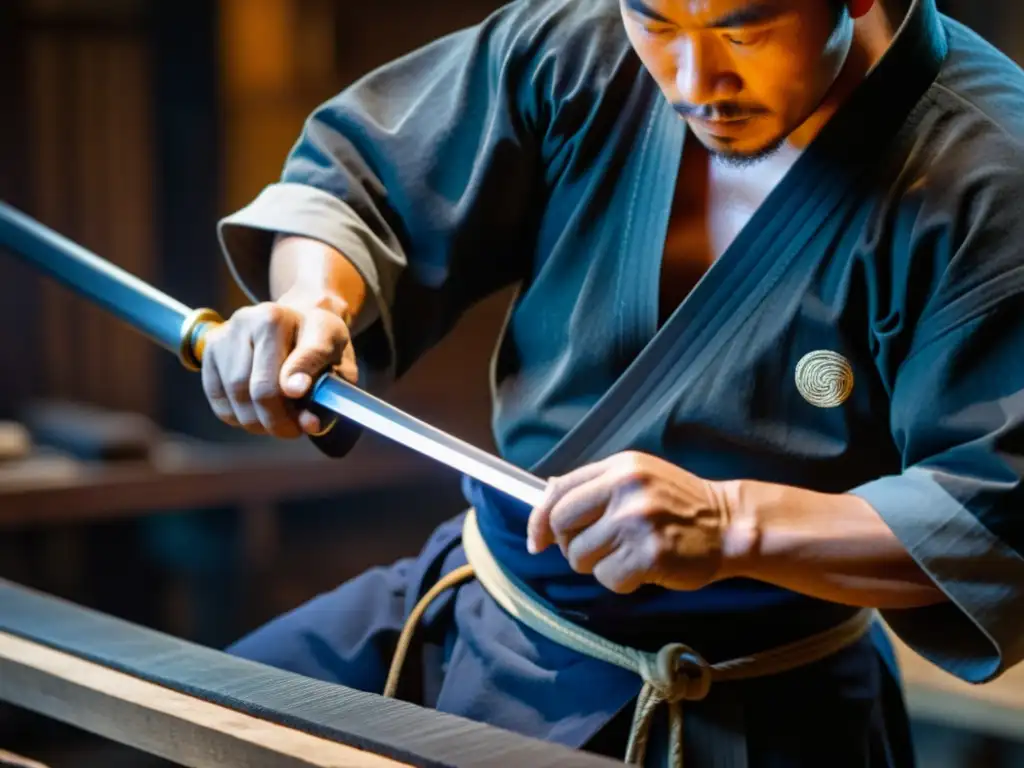 Un hábil maestro herrero forja con precisión una katana en su taller, creando las mejores espadas de Kendo con reverencia y destreza ancestral