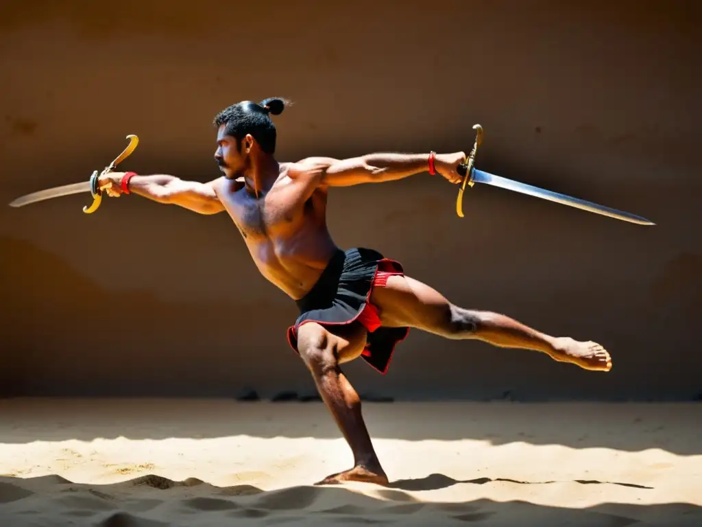 Un hábil practicante de Kalaripayattu maneja con precisión y agilidad una espada tradicional, conocida como 'urumi'