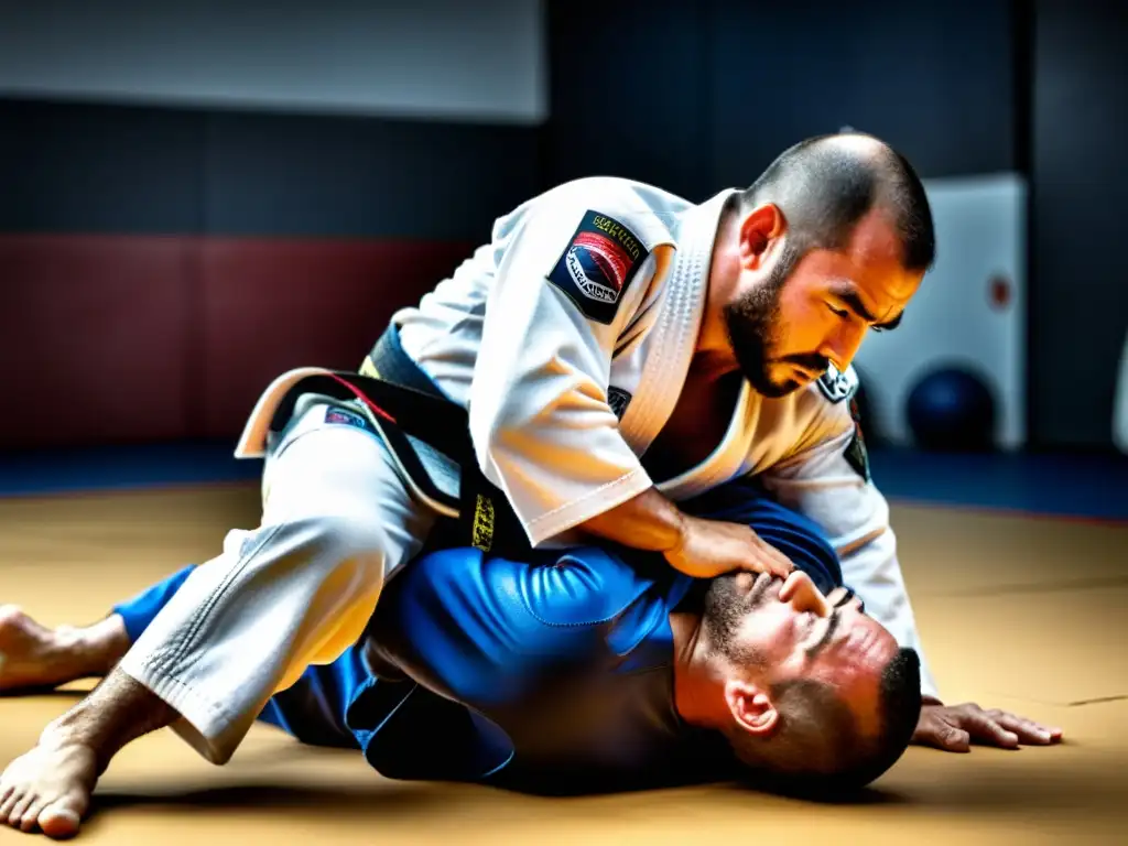 Un hábil practicante de JiuJitsu Brasileño ejecuta una defensa efectiva, mostrando intensidad y concentración en su técnica