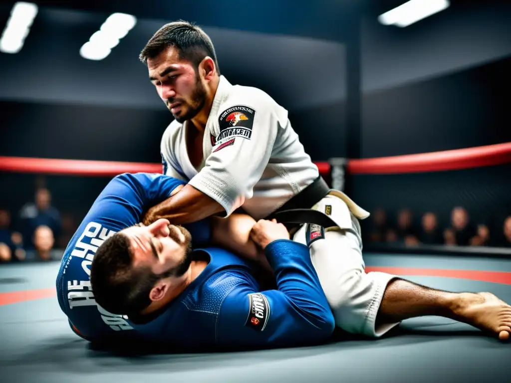 Un hábil practicante de JiuJitsu ejecutando una sumisión de brazo durante una competencia de alto nivel, mostrando técnica precisa y determinación intensa