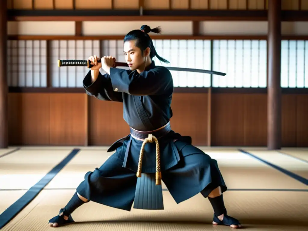 Un hábil practicante de kenjutsu con espadas ejecuta técnicas precisas en un tradicional dojo japonés, reflejando maestría y disciplina