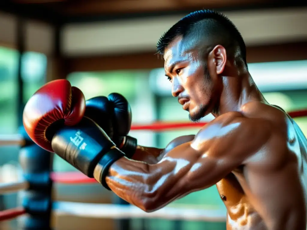 Un hábil practicante de Muay Thai ejecutando un potente codazo, con determinación y enfoque