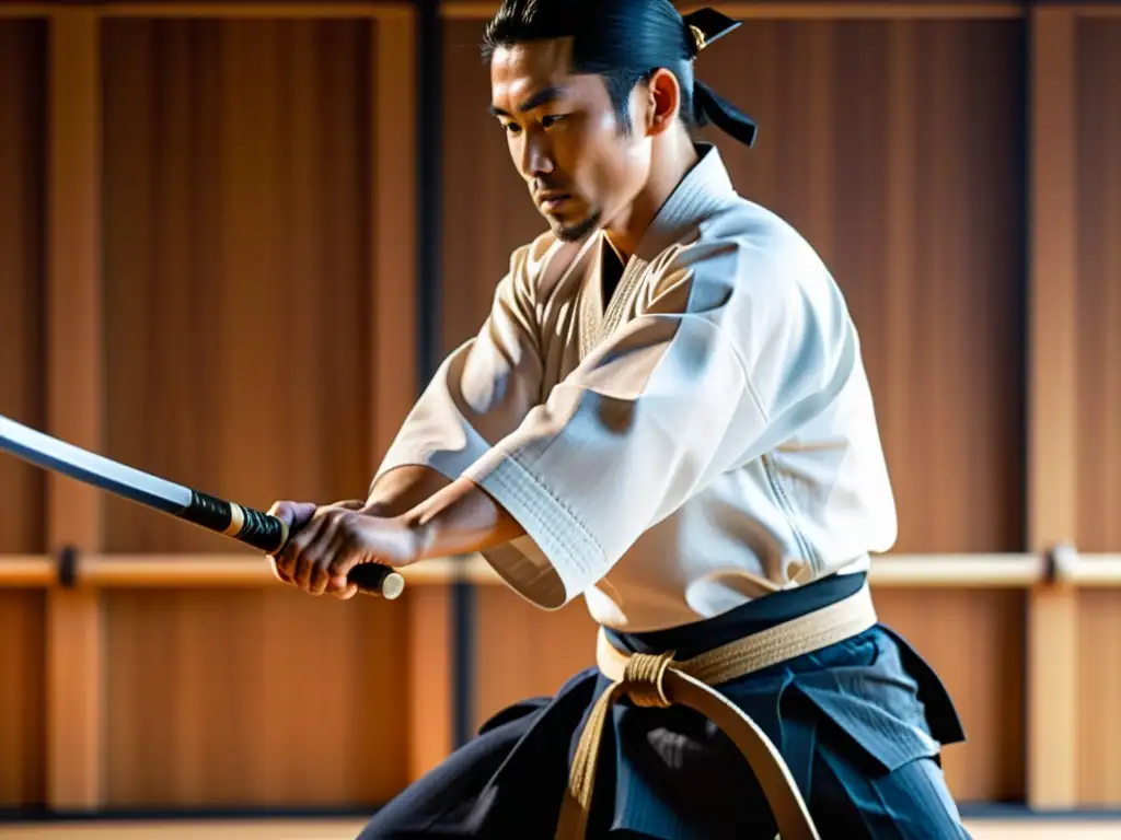 Hábiles practicantes de Aikido y Jodo con herramientas de entrenamiento, evocando disciplina y tradición