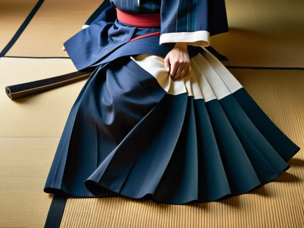 Un hakama japonés tradicional, perfectamente doblado en un tatami