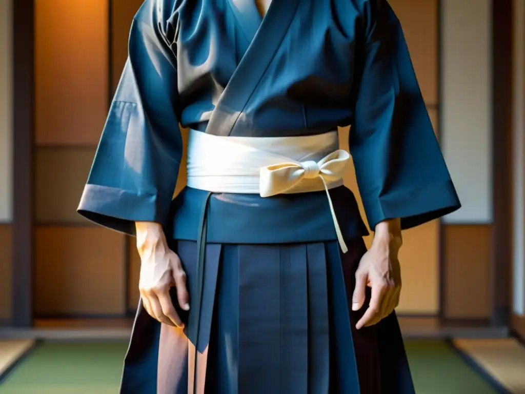 Una Hakama japonesa de alta calidad, pliegues detallados y movimiento fluido, iluminada por el sol