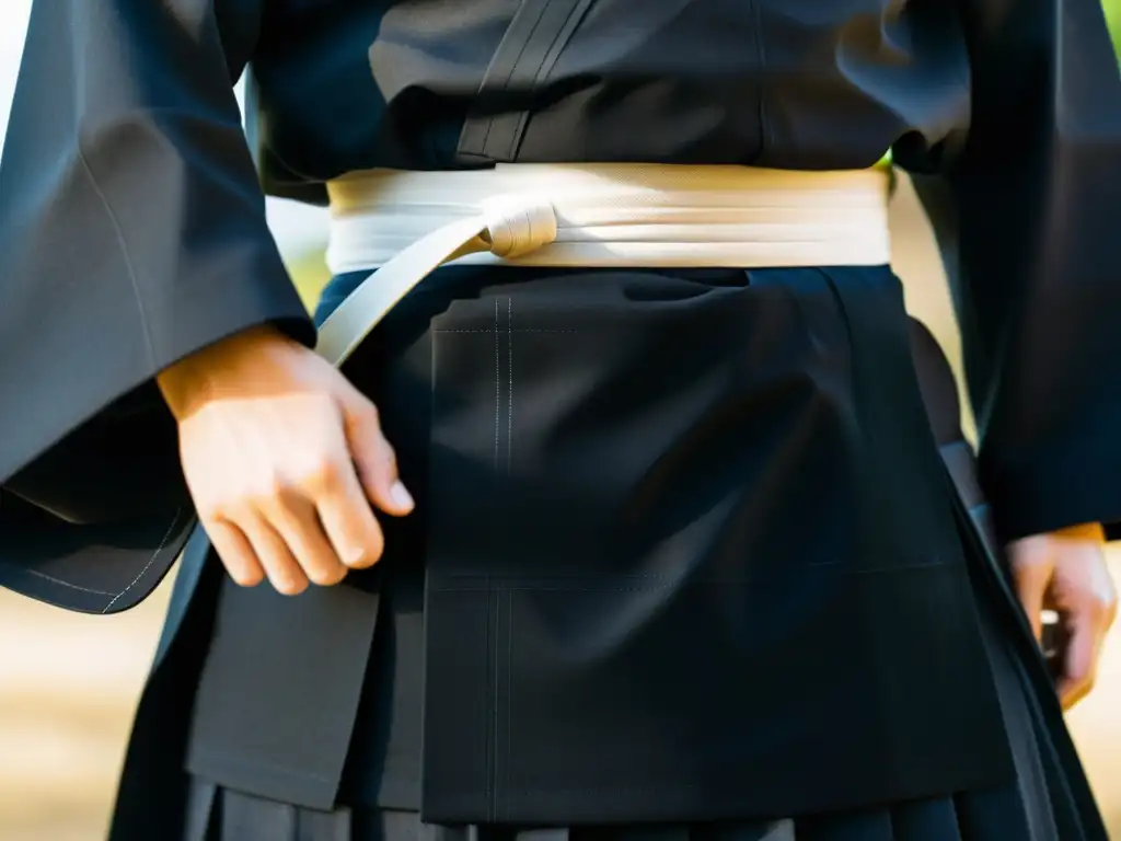 Un Hakama negro elegante para Aikido, con detalles y textura que reflejan su calidad artesanal y funcionalidad para la práctica