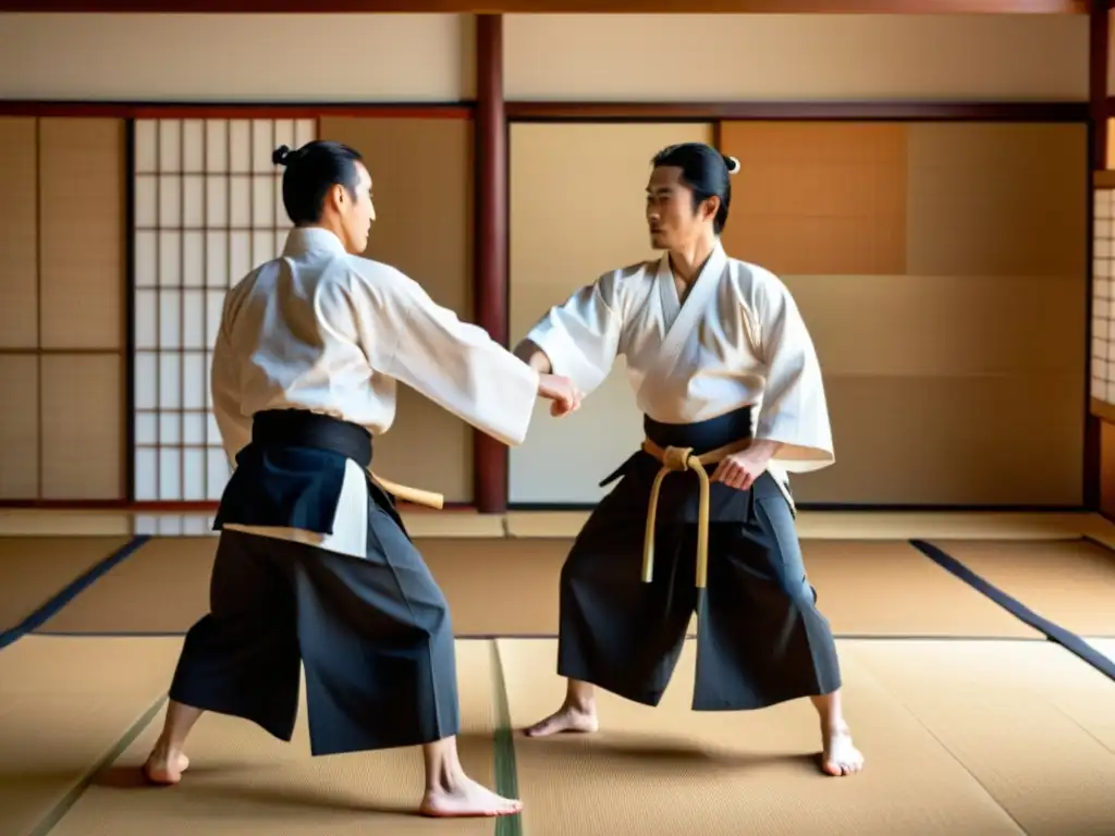 Hakamas elegantes para Aikido: Practicantes en un dojo tradicional, ejecutan movimientos precisos, destacando la gracia y belleza de sus Hakamas