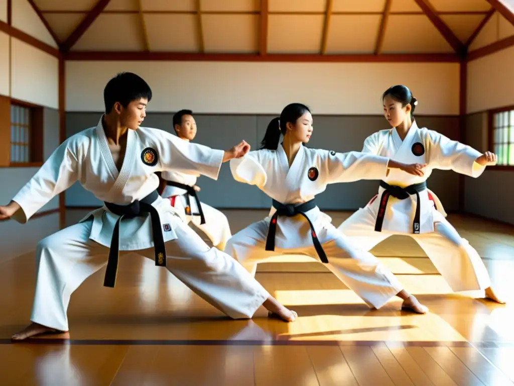 Exhibición de Hapkido: Practicantes en uniformes blancos ejecutan movimientos fluidos y precisos en un dojo soleado, transmitiendo disciplina y habilidad