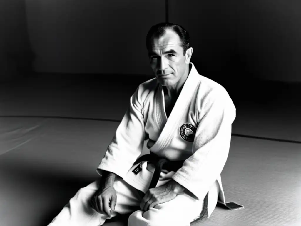 Helio Gracie, fundador del JiuJitsu Brasileño, muestra determinación y disciplina en una demostración en blanco y negro