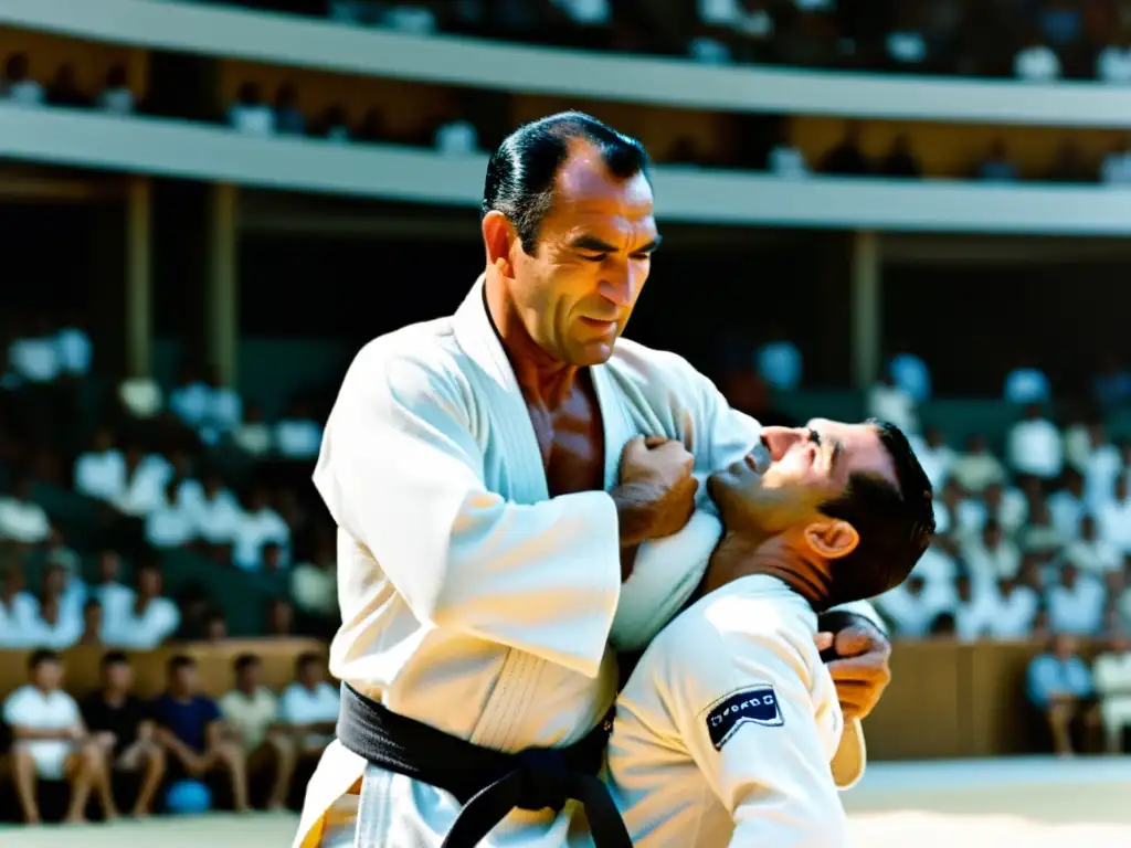 Helio y Carlos Gracie demostrando técnicas de JiuJitsu en una arena brasileña, capturando la esencia y evolución del JiuJitsu Brasileño